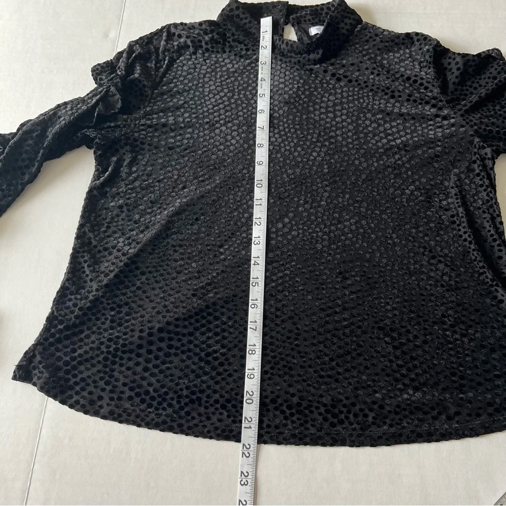 Avec Les Filles Long sleeve ruffle mock neck velvet speckle top black size Med